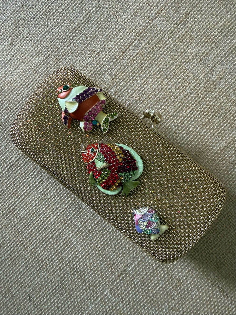 Vintage Iris Lane Embellished Gold Mesh Clutch with Colorful Fish Embellishments